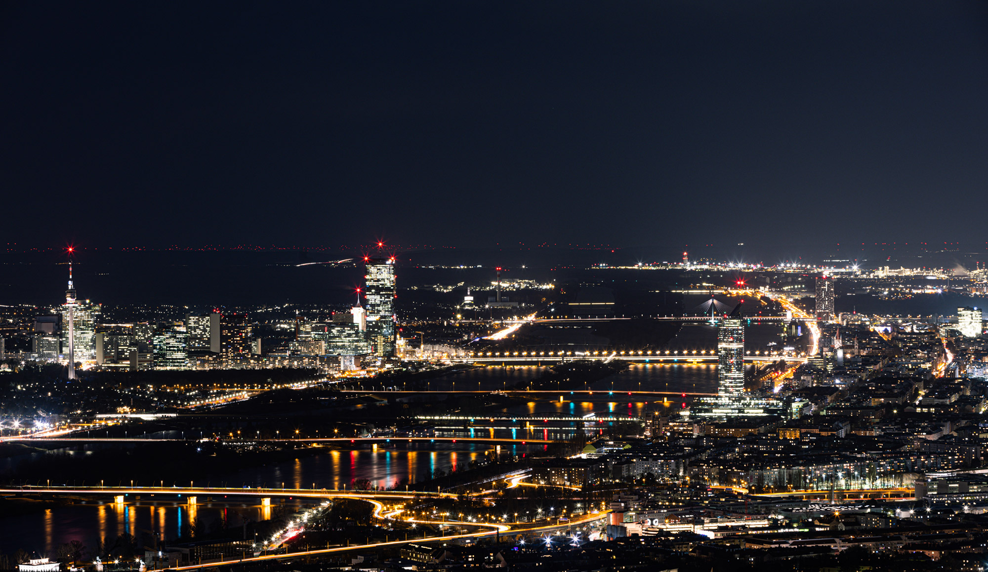 An aerial view of Vienna at night