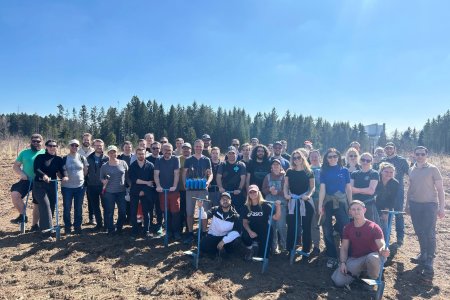 Gruppenfoto von RISE Mitarbeitern beim Baumpflanzen